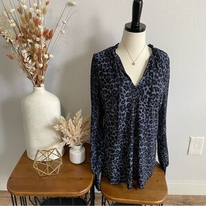 [WHBM] Leopard Print Tunic Blouse Blue Black Sheer Long Sleeve